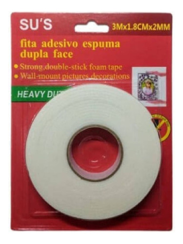 Dupla Face 1,8 Cm 5 Metros Fita Adesiva De Espuma Quadros Cor Branca Liso