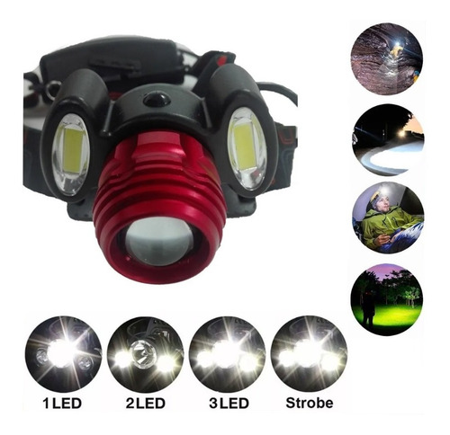 Imagen 3 de 10 de Linterna Led Minero Zoom Vincha T6 + Cob Recargable Usb 12v
