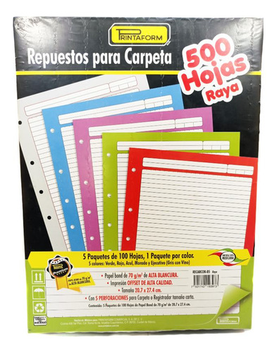 Repuesto Para Carpeta Tamaño Carta 500 Hojas - 5 Colores