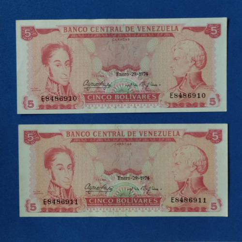 Billete De 5 Bs De 1974 E-7, 2 Pz. Consecutivos.