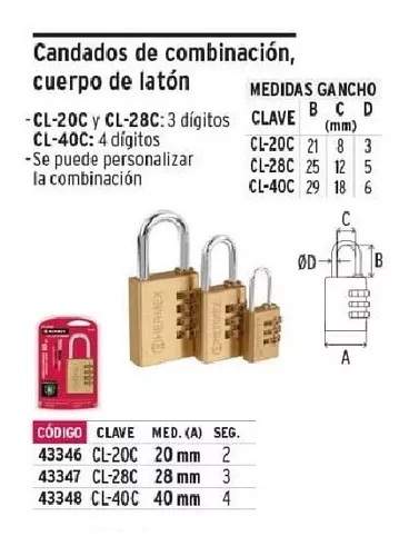 Candado De Combinacion Cuerpo De Laton 28MM Hermex