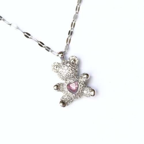Imagen 1 de 5 de Collar Dije Oso Cubierto De Cristales Corazón Rosa Movible