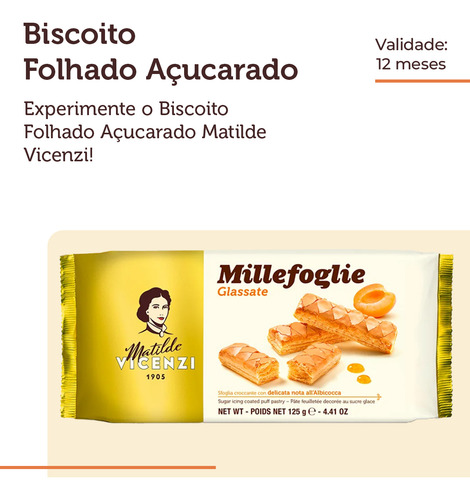 Biscoito Mil Folhas Cobertura Açucarada Damasco Vicenzi 125g