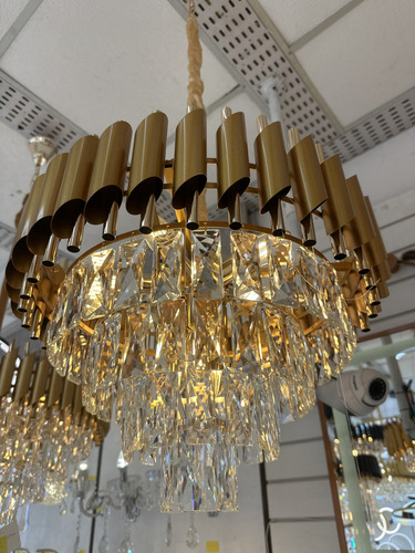 Lustre Redondo Dourado Com Cristais 50cm 8e14 Dcd06624 110 220