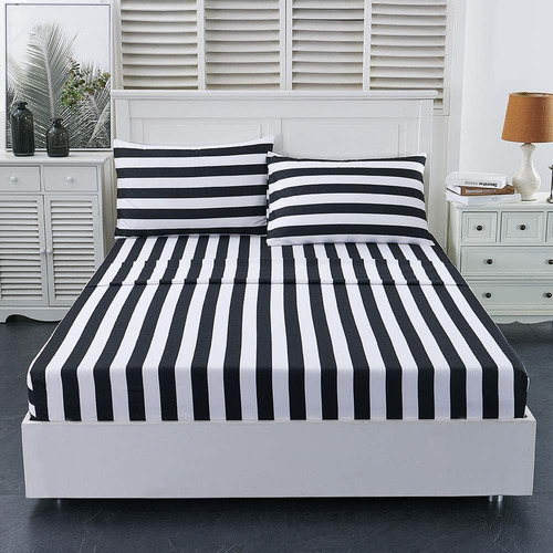 Mejor Temporada Queen Size Stripe Sheet Set-4 Piezas Super S
