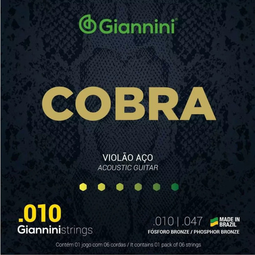 Encordoamento Violão Giannini Cobra Bronze 0.10 Jg Cordas