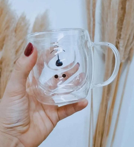 Taza De Vidrio Doble Pared Oso Con Manija Frio/calor 250 Ml Transparente Oso