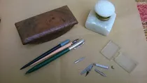 Comprar Lote Antiguo Tintero Alabastro, Secante, Plumas, Minas