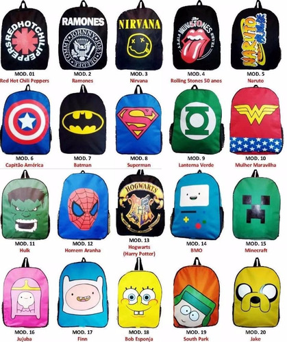 Mochila Escolar + Estampas Geek Super-heróis Anime Comic