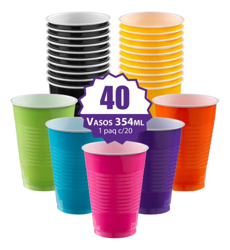 40 Vasos Desechables 12oz Fiesta Colores Amscan - Sol0x1v