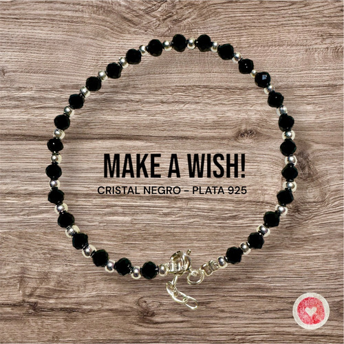 Pulsera Premium De Plata 925 Y Cristales - Make A Wish Negro 7 Cm 20 Cm