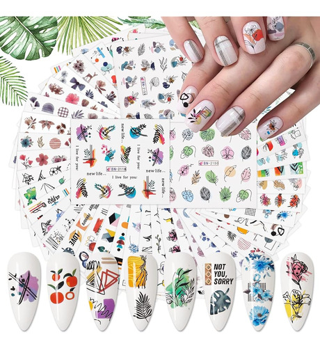 48pcs Tropical Plant Water Transfer Nail Stickers Calcomanía