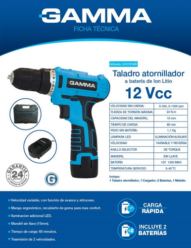 Imagen 5 de 9 de Taladro Atornillador Ion Litio 12v C/ 2 Bateria Gamma G12101