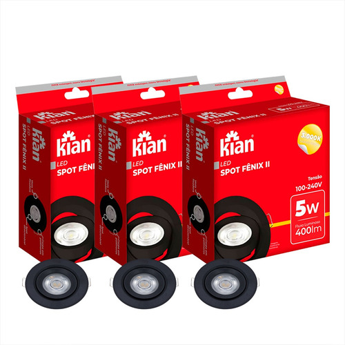 Led Spot Fenix 2 Preta 3000k 5w Morna - 3un Estrutura Preto 110v/220v