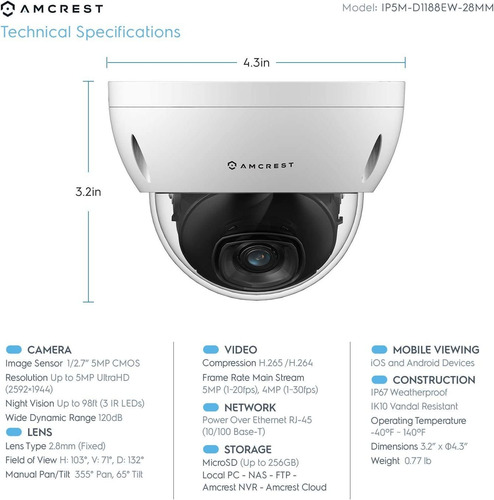 Cámara De Seguridad Amcrest, 5mp, Poe, Lente De 2.8mm