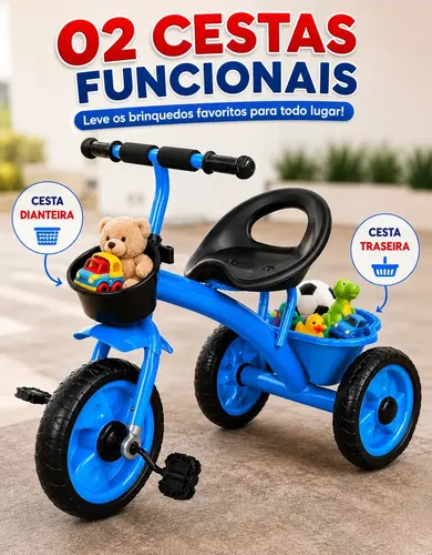 Motoquinha Menino Triciclo Azul Duas Cesta Banco Três Rodas