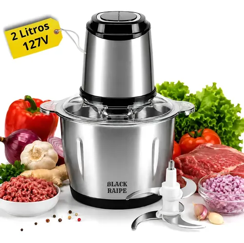 Multiprocessador Triturador De Alimentos Elétrico 2 Litros Aço Inox 304 Moedor Picador Processador De Carne Legumes Alho Cebola Castanhas Cozinha Potente Alta Performance Black Raipe