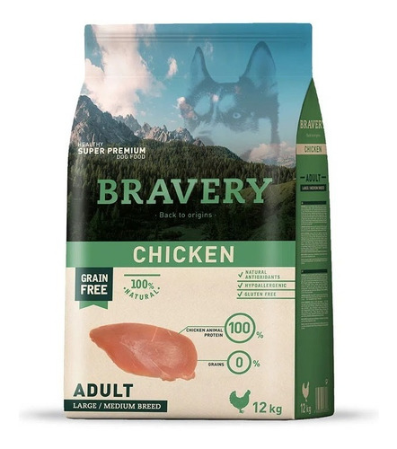 Alimento Para Perros Raza Grande Adulto Bravery Pollo 12kg