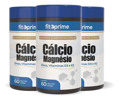 Kit 3 Cálcio Magnésio Zinco Vitaminas D3 K2 Com 60cps