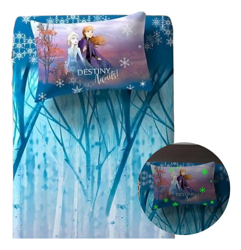 Jogo Lençol Cama Frozen Brilha No Escuro Com Elástico 2 Pçs