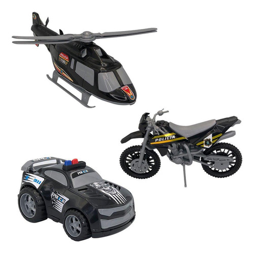 Combo 03 Brinquedos Carro De Polícia Moto Helicóptero Preto