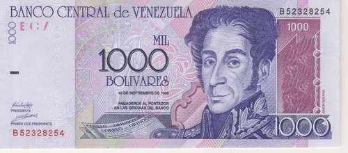 Imagen 1 de 2 de Billete Venezuela 1000 Bs 10 Septiembre 1998 B8 Unc