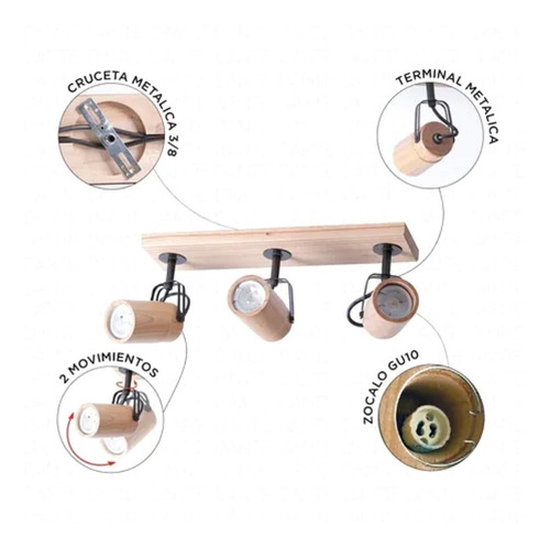Imagen 2 de 2 de Aplique 3 Luces Madera Nordico Blanco + Lampara Led Carilux