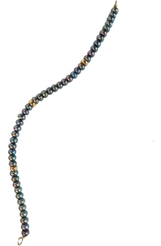 Pulsera Perlas Botón Negras 5.5 Mm Con Donas De 14 K + Obseq