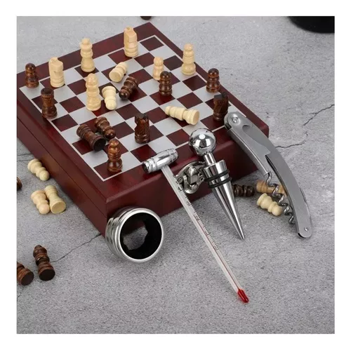 Kit de Acessórios Para Vinho Luxo com Jogo de Xadrez madeira - Erafull