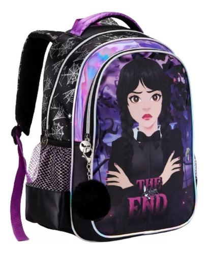 Mochila Denlex Meninas Costa Escolar Grande Chaveiro Pompom Wandinha Addams