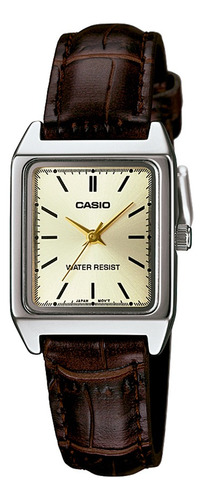 Reloj pulsera Casio LTP-V007L plateado, analógico, para mujer, fondo gris, con correa de cuero marrón, agujas doradas, dial negro, minutero negro, bisel color plateado y hebilla simple