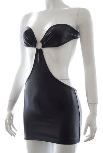 Vestido De Vinilo Strapless Con Aro Engomado Negro Fiesta 