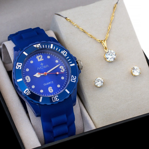 Relógio Nowa Feminino Borracha Nw0522ak Azul + Kit Brinde