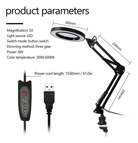 Lupa Usb 5x Lupa De Escritorio De La Lámpara De Lupa Led De