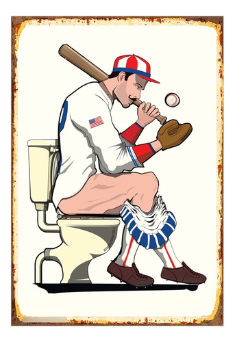 1 Cartel Metalico Baño- Hombre Jugador Baseball 40x28 Cms