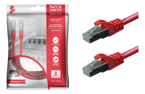 Cabo De Rede Patch Cord Vermelho 2 Metros Rj45 Cat5e Ftp - 5+