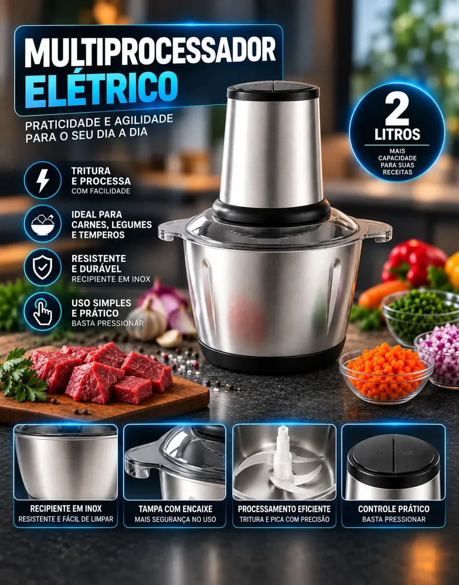 Multiprocessador Elétrico 2L 400W Inox Triturador Moedor Picador de Alimentos para Carne Legumes Alho Temperos Cozinha Hardline