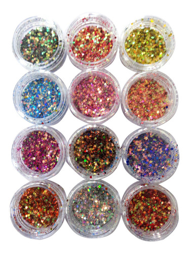 12 Potinhos Cores Glitter Flocado - Decoração Brilho Unhas Cor Mix