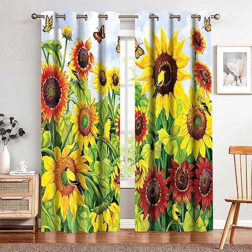 Cortinas Girasol Con Diseño Pajaro Mariposa Flores Romantica