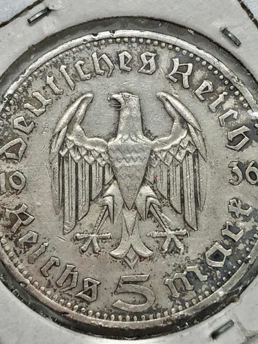 Moneda De Plata 5 Marcos Alemanes Tercer Reich Año 1936 (Usado)