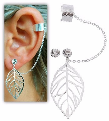 Brinco Ear Cuff Folheado A Prata C/ Adereço Em Forma De Folh