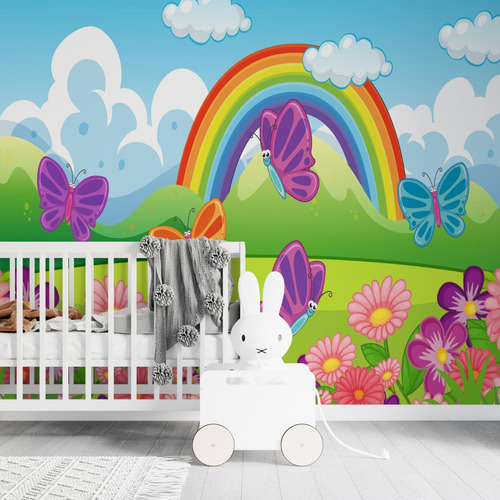 Papel Parede Infantil Baby Arco Iris Com Borboletas Lindas