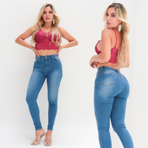 Imagen 1 de 10 de Jeans Tiro Alto Azul Medio Stretch Dama Skinny Levantacola