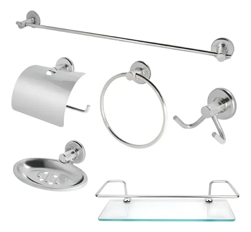 Kit Acessórios Banheiro Inox 5 peças + Porta Shampoo Reto Prateado
