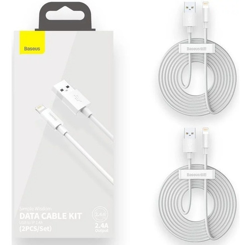 Kit 2 Cabos iPhone Lightning Baseus Simple Wisdom 150cm 2.4a Cor Branco