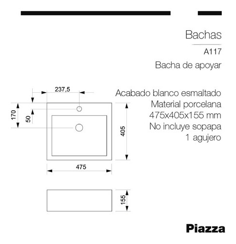 Bacha De Porcelana Sanitaria De Apoyar 475x405x155 Piazza Mm