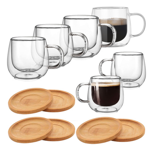 Kit 6 Xicara Vidro Duplo Caneca Parede Dupla 80ml Com Pires