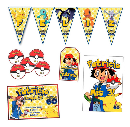 Kit Pokemon Impreso Cumple Banderín Invitaciones Stickers