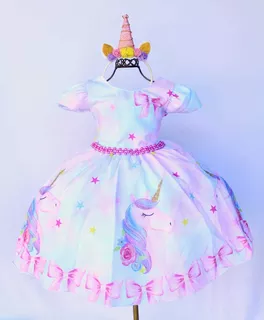 Vestido Infantil Festa Tema Unicornio E Tiara Luxo