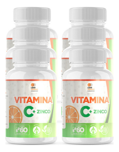 Vitamina C 500mg + Zinco 60 Cápsulas Kit Com 6 Potes Sabor Neutro